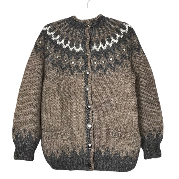 Handmade Sweaters - Handknit Estimated Medium Brown and Gray Knit Sweater Icelandic Cardigan Knit